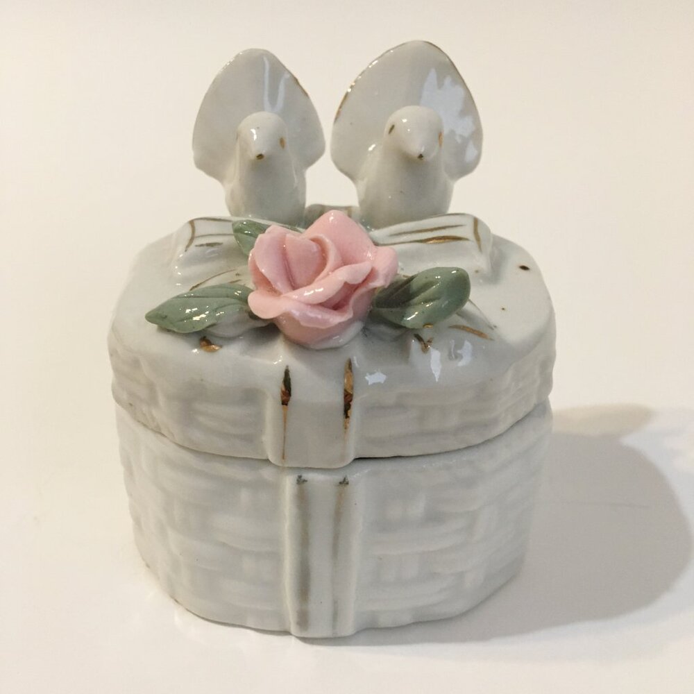 Pink Rose Dove Trinket Box Jewelry Birds Flower Bow Treasure White Porcelain